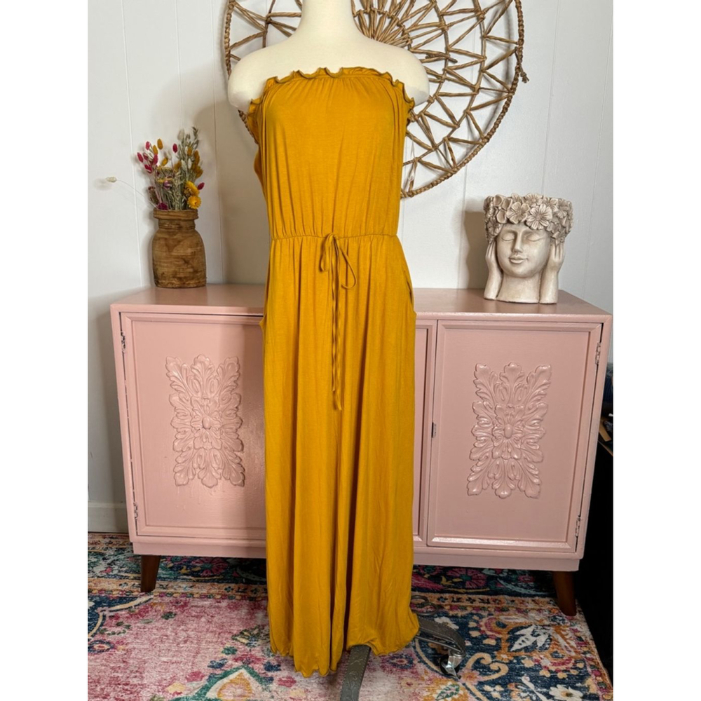 Strapless Mustard Maxi Dress with Waist Tie